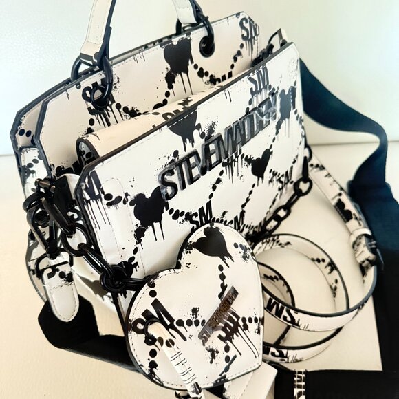 STEVE MADDEN BEVELYN SATCHEL CROSSBODY BAG W COIN PURSE HALLOWEEN HEARTS WHITE - Picture 1 of 8